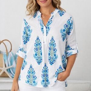 Liza Byrd Cotton Tunic Top Blue Floral Roll Tab Sleeve Boho Coastal Womens M